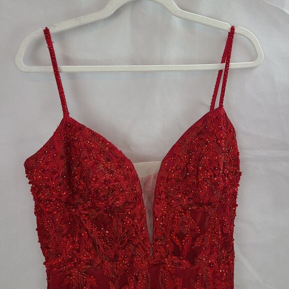 MAC DUGGAL 20330 Red Embellished Plunge Neck Illusion  Mermaid Gown (12)--$798 - Picture 4 of 13